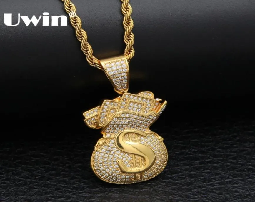 Uwin US Money Bag Sence Counte Pendate Full Bling Cubic Циркония заморожена золотые цепи серебряного золота хип -хоп ювелирные изделия для Men5612064