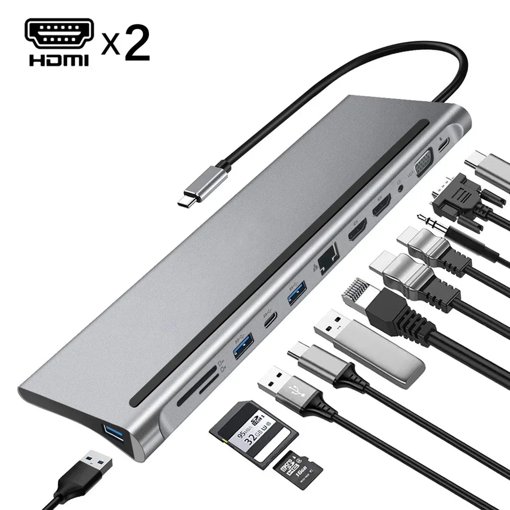 Stazioni 12in1 Tipo C Stazione docking a doppia HDMI VGA 3,5 mm audio TF/SD RJ45 USB3.0 PD Charge USB C HUB per laptop telefonico MacBook