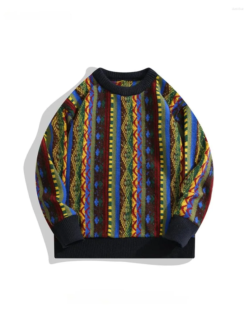 Männerpullover Männer Frauen O-Nische ethnische Stil Nische gestreift bunte Jacquard Trendy Brand Retro Hip Hop lässig Lose Paar Strickwege