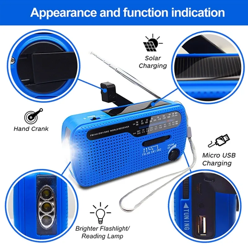 Radio Hand Crank Full Band Solar Solar Am / FM / SW1 / SW2 Météo Radio Radio LED LED LED Lampe de lampe à la survie en plein air