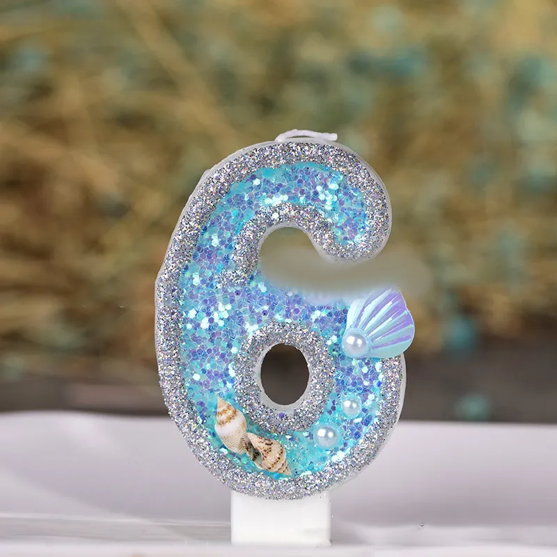 1pc Numéro Cougies Blue Sea Shel Shell Glitter Cake Topper Anniversaire Mariage Digital Cakes Decker Decor Decor Decor