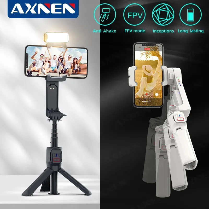 Gimbals Gimbal Stabilizer Selfie Stick Tripod Telefon Tutucu Kablosuz uzaktan deklanşör ve doldurma ışığı, iPhone Android akıllı telefonlar için