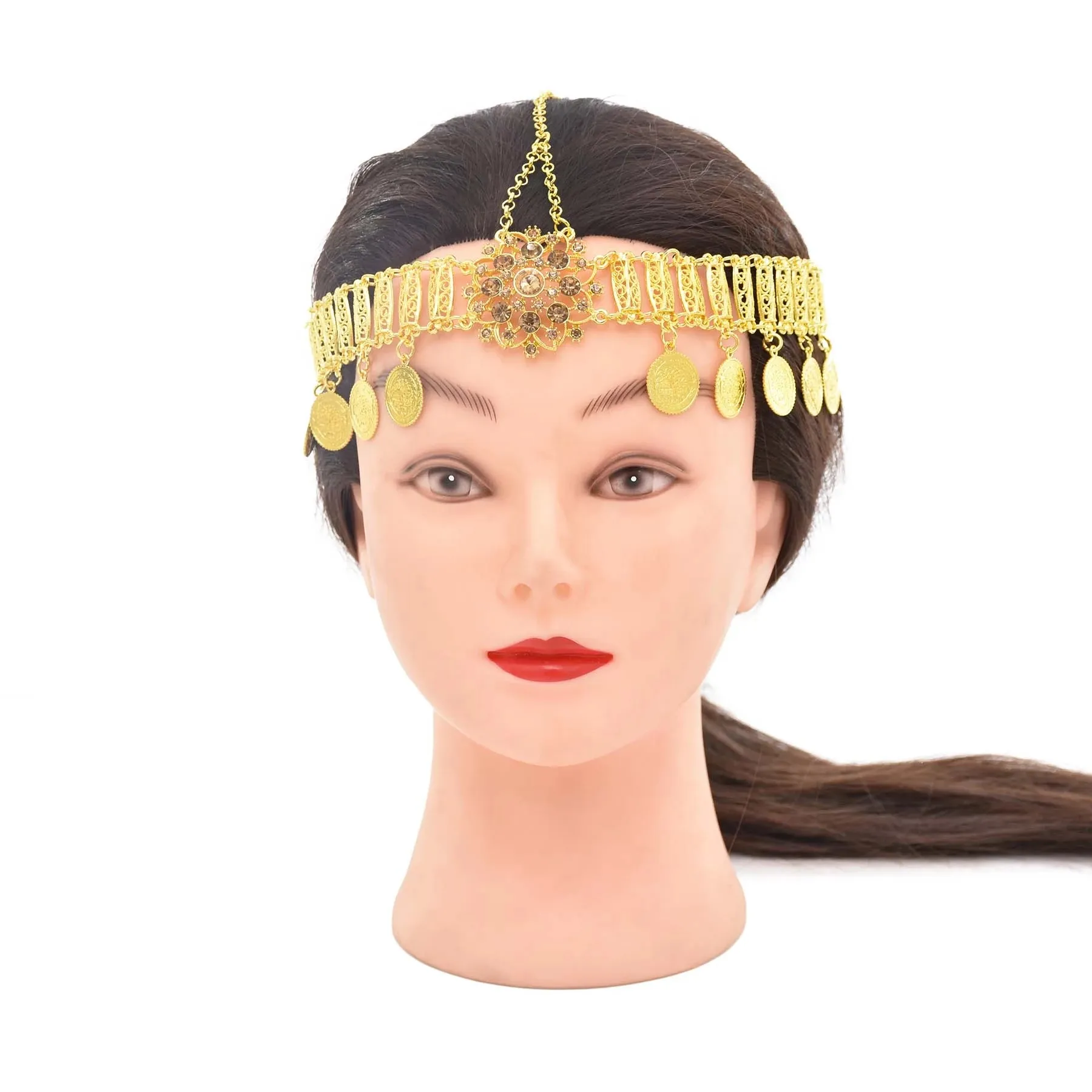 Dance indienne Retro Coins Tassel Head Chain Bohemian Ethnic Bride Crystal Flower Tiara Headpiece Accessoires de mariage Bijoux de cheveux