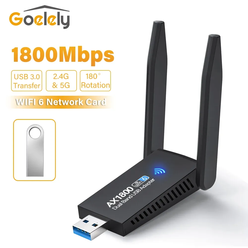 Карты GoElely 1800 Мбит / с USB Wi -Fi Adapter USB Wi -Fi6 Беспроводная сетевая карта для настольного ноутбука для настольного ноутбука.