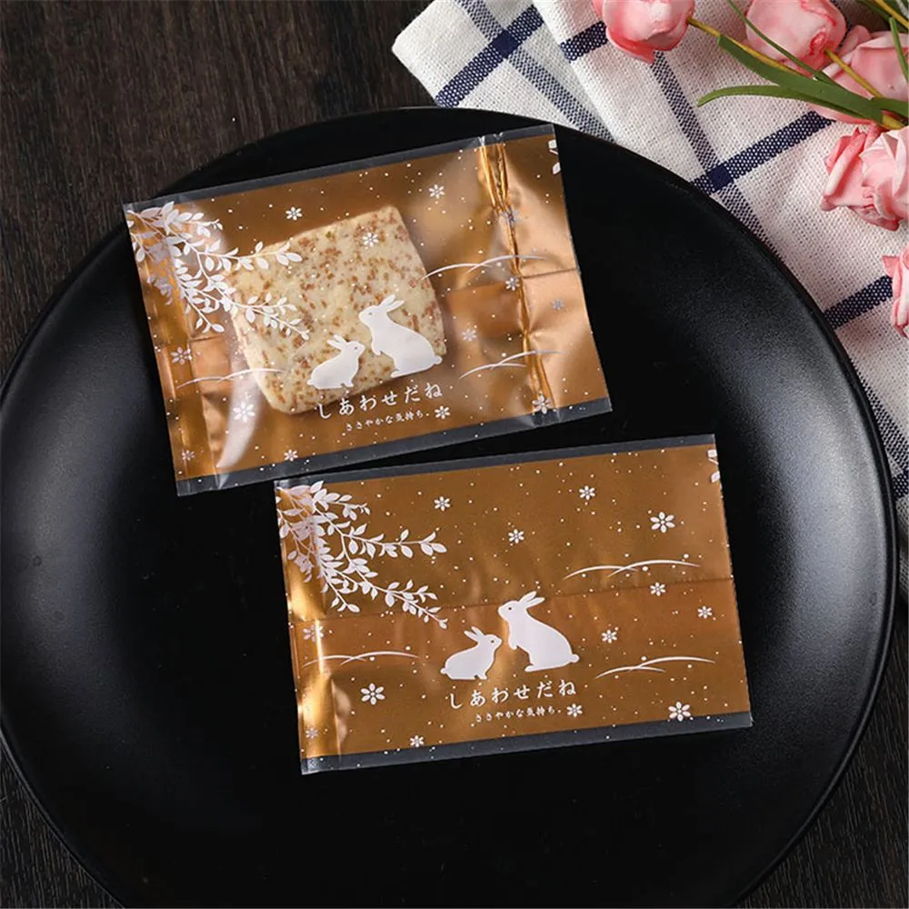 100 st/Lot Golden Rabbit Chinese Elements Mooncake Cookies Packaging Bags Traditionell Festival Candy Gift Wrap Party Supply