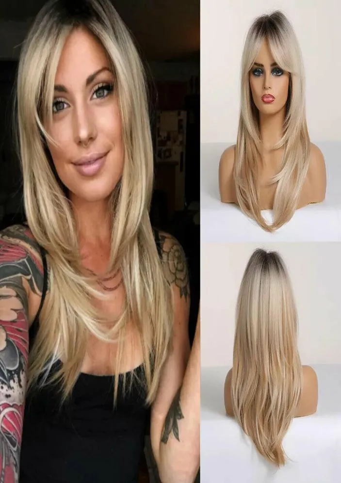 Modna długość ramion syntetyczne peruki Ombre Brown Blonde Peruki z grzywką do użytku imprezowego6905107