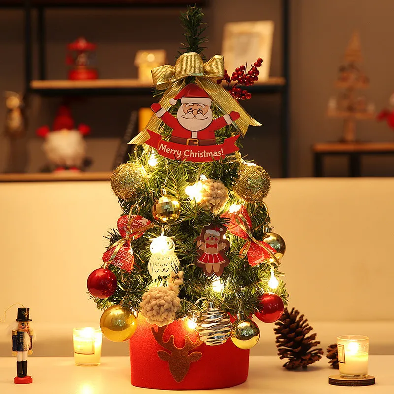 30/45/60 cm Mini Christmas Tree Desktop with Lights Golden Red Christmas Tree Ornament 2022 Nyårshem Home Party Windows Decorativ