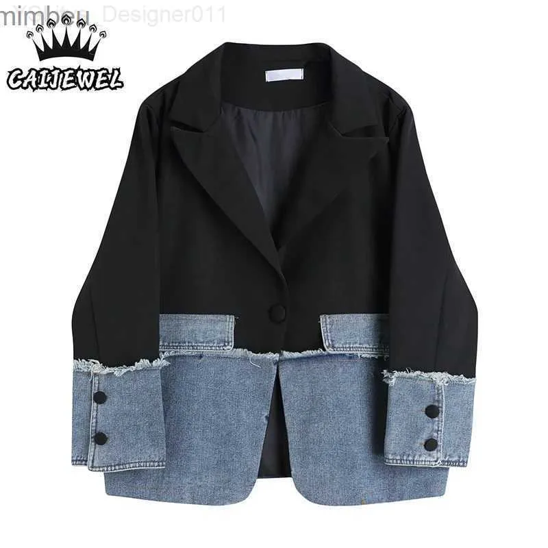 Suisses de femmes Blazers Streetwear Fashion coréenne Patchwork's Patchwork Denim Blazer Matel Sent of Design Baggy Senior Female Tops Ets Outwear C240410