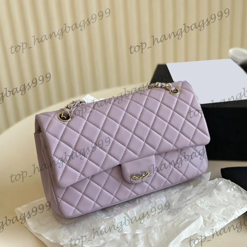 25cm Designer clássico Calfskin Double Flap Purple Bags Purple Chain Silver Crossbody Bolsas de ombro de crossbod