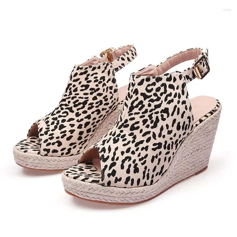 Sandaler Peep Toe High Heels Women Party Shoes Elegant Ladies Wedges Summer Fashion Leopard Plus Size 42 A4454