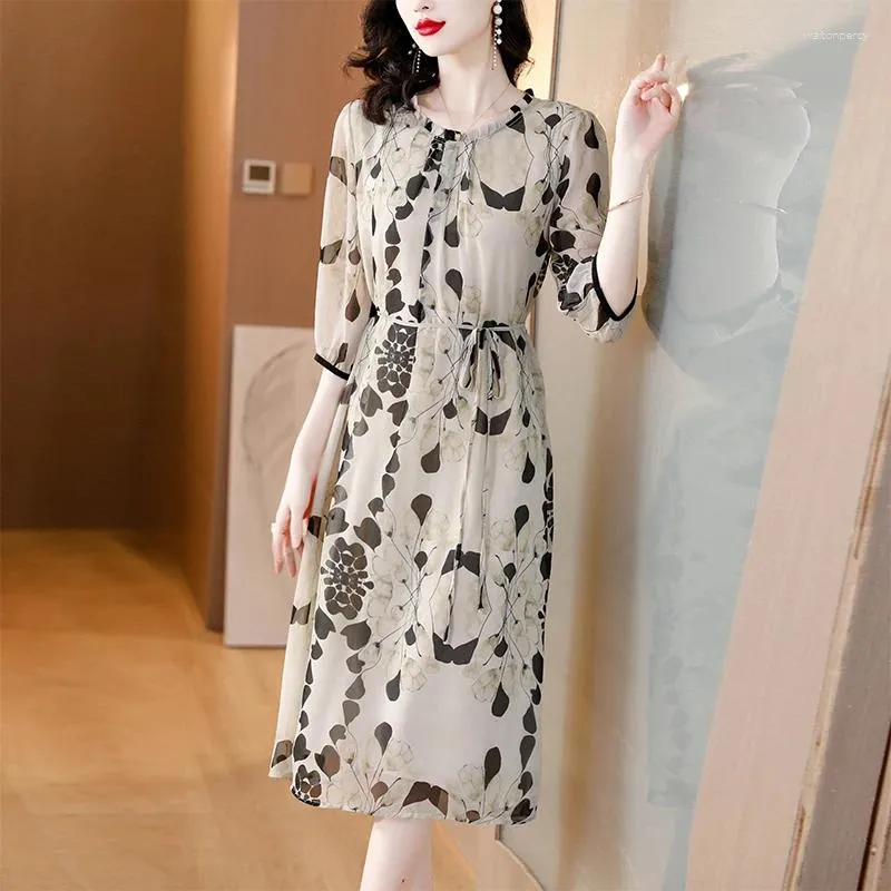 Casual Dresses Spring Women's Printed 3/4 Sleeves Straight Dress Large Loose Waist Over Knee Long Elegant Party Vestidos