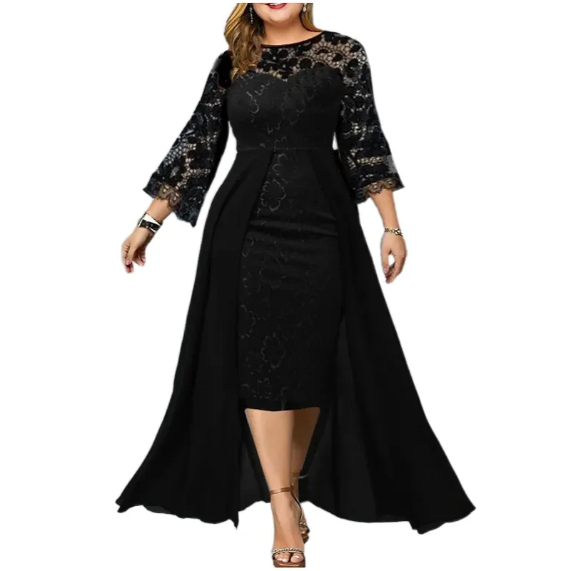 Dresses Elegant Black Lace Plus Size Low and High Cocktail Dress Women Patchwork Hollow Out Lace Sleeve Slim Tunic Evening Party Dresses