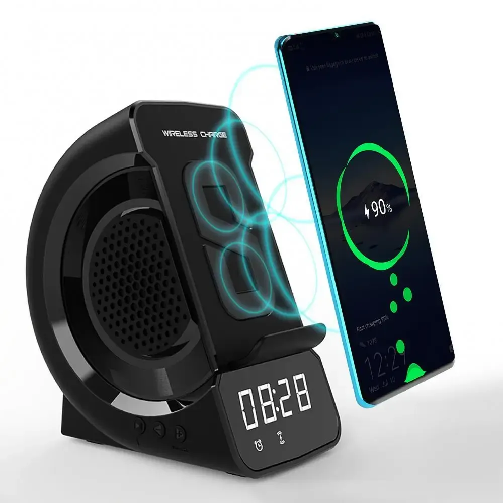 Chargers WD200 Wireless Charger Bluetoothcompatible Digital LED Display Alarm Clock Radio Charging Station with Phone Holder Charger