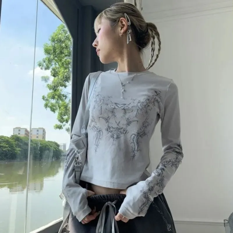 Vintage Vrouwenkleding Y2K T-shirts Blusas O-Neck lange mouw print tuniek grunge vrouw kleding mode casual crop tops emo 240410