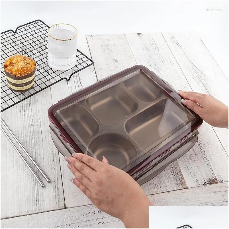 Other Dinnerware Stainless Steel Bento Lunch Box Container Reusable 5 Compartments Metal Meal-Prep Easy Open Leak Proof Sile Lids Dr Dhphq