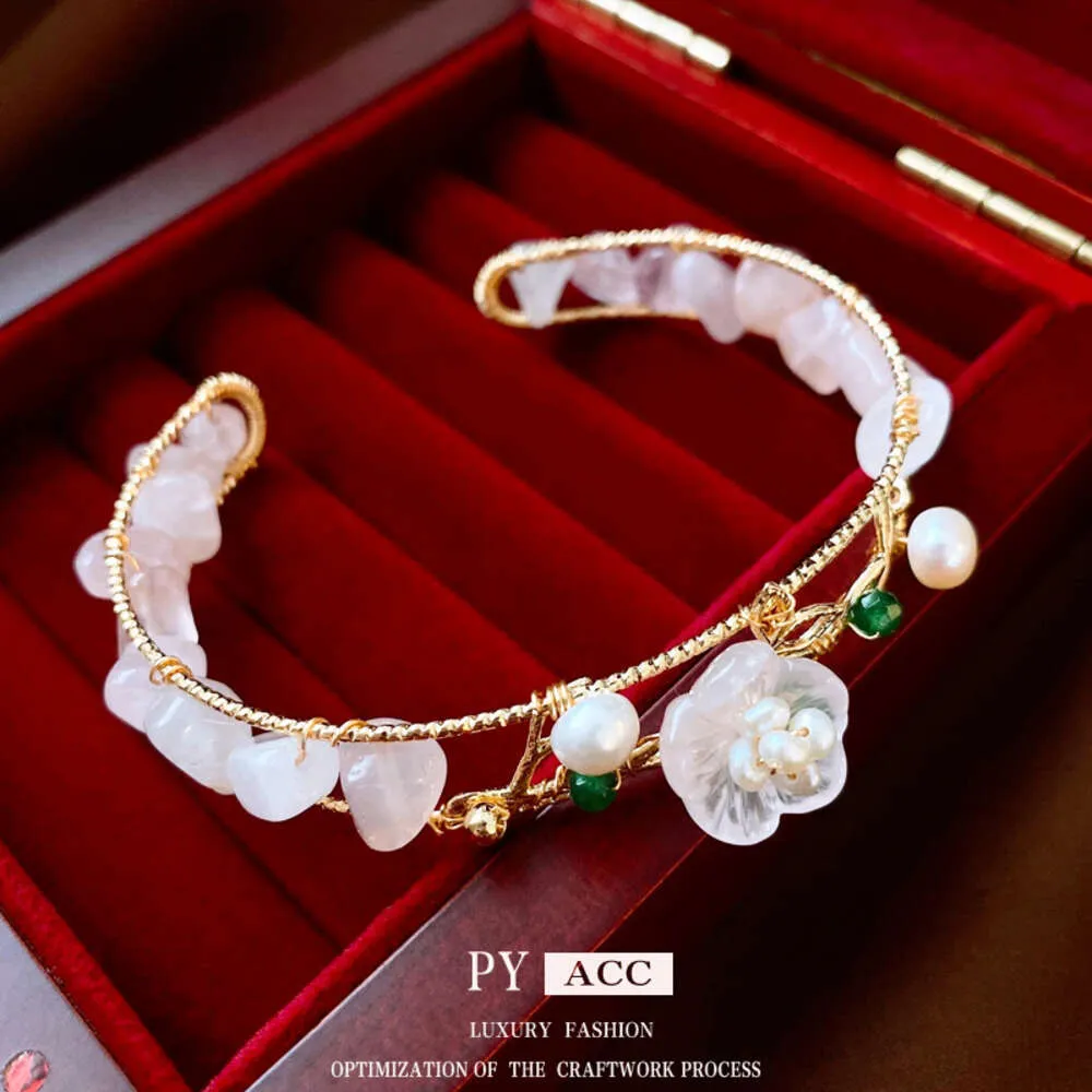 Real Gold Electroplated Powder Crystal Flower Pearl Open Instagram Style Light Fashion Bracelet Network Red New Handicraft for Women