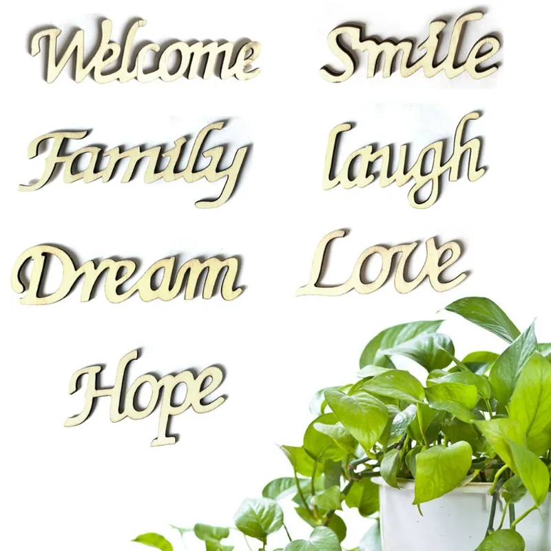 Nieuwe letter Word houten hangende bord muur sticker sticker sticker room home decor ornament hoop/smile/welkom/liefde/droom/lach/familie