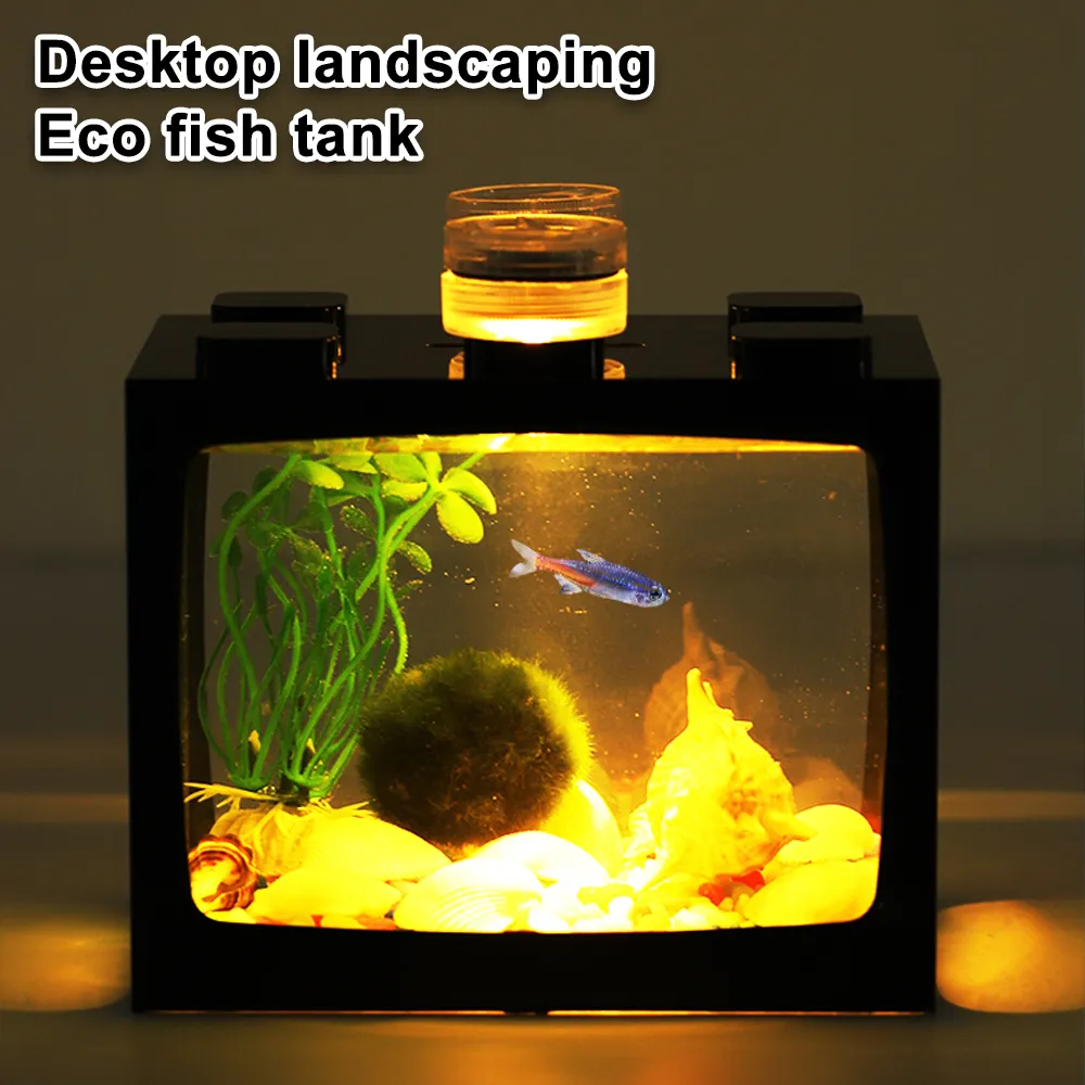 Mini Aquarium Fish Tank Stapelbar kreativ byggsten Fiskcylinderlandskap med LED -lampfisk som bekämpar cylinder PET Box