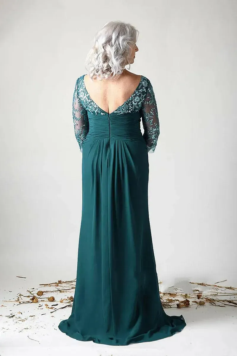 Dark Green Lace Applique Mother of the Bride floor length dress - Elegant A-Line Formal Wear with Ruched Chiffon, Open Back, and Plus Size Options for