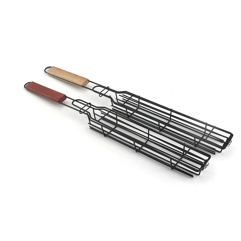 Wooden Handle Barbecue Cage Camping Picnic Barbecue Tools Outdoor Meat Vegetable Net Rack Kabob Grilling Baskets HW0231