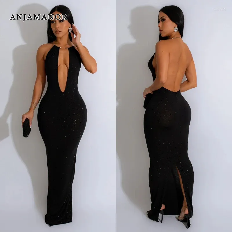 Abiti casual Anjamanor Deep v senza maniche senza maniche Maxi Dress Women Women Elegant Luxury Sexy Black Black Evening Party D42-Dh27