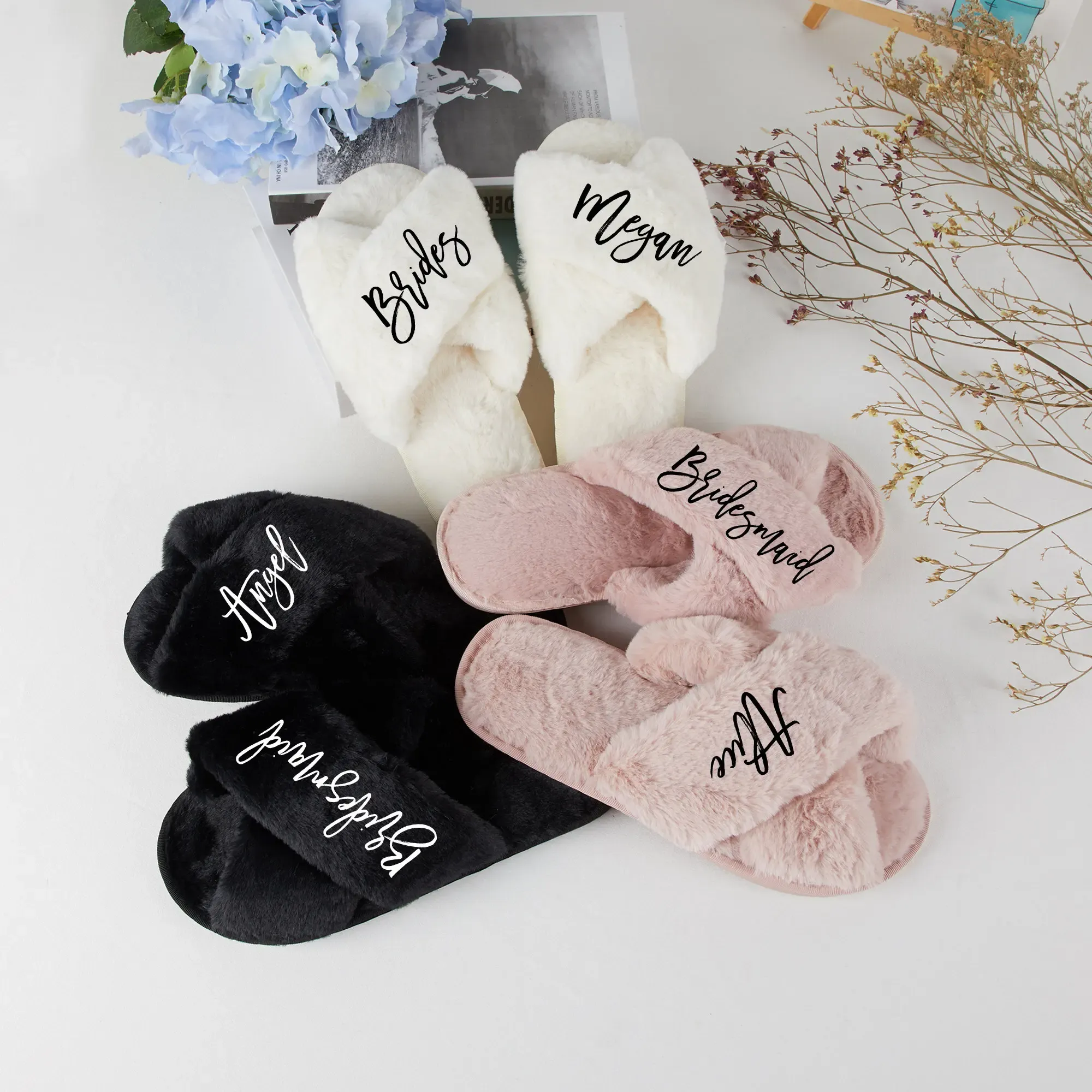 Purlo da sposa personalizzato Peluche inverno inverno caldo Dimlina di peluche Scarpe da donna Slip Regali da damigella d'onore da sposa