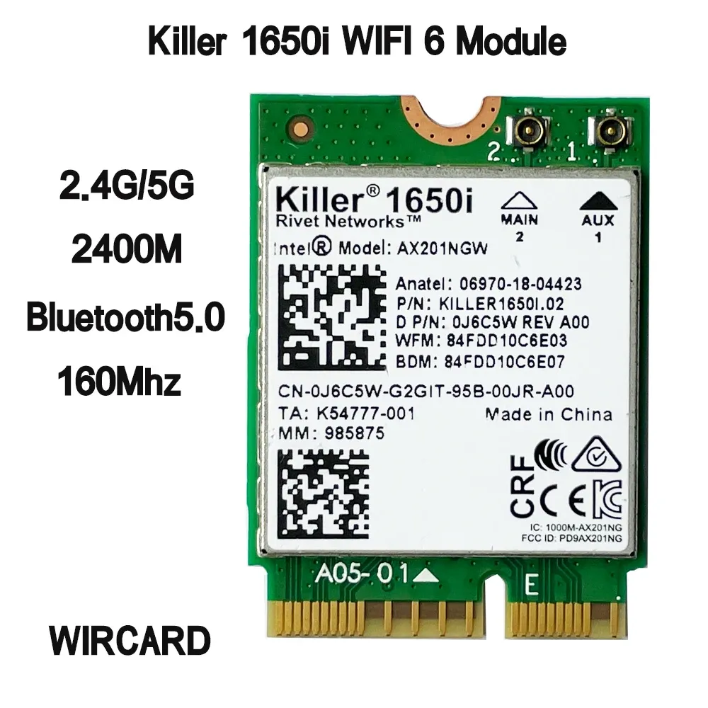 بطاقات Killer 1650i AC Dual Band 2.4GBPS اللاسلكي AX201 WIFI6 بطاقة AX201NGW 802.11AX/A/B/G/N BT 5.0 كمبيوتر محمول لنظام التشغيل Windows 10