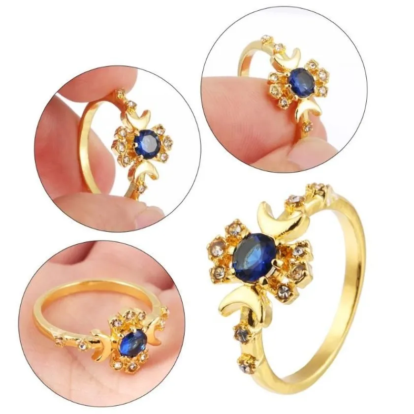 Klaster pierścionków Women Gold Stop Sun Finger Ring Wędrujący gwiazda Sapphire Moon i Stars350a