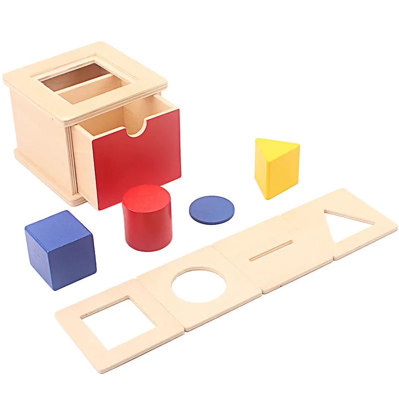 Montessori Imbucare Box med utbytbara lock Baby Toys 4 i 1 trä geometriska former Matchande boxspelutveckling leksaker gåva
