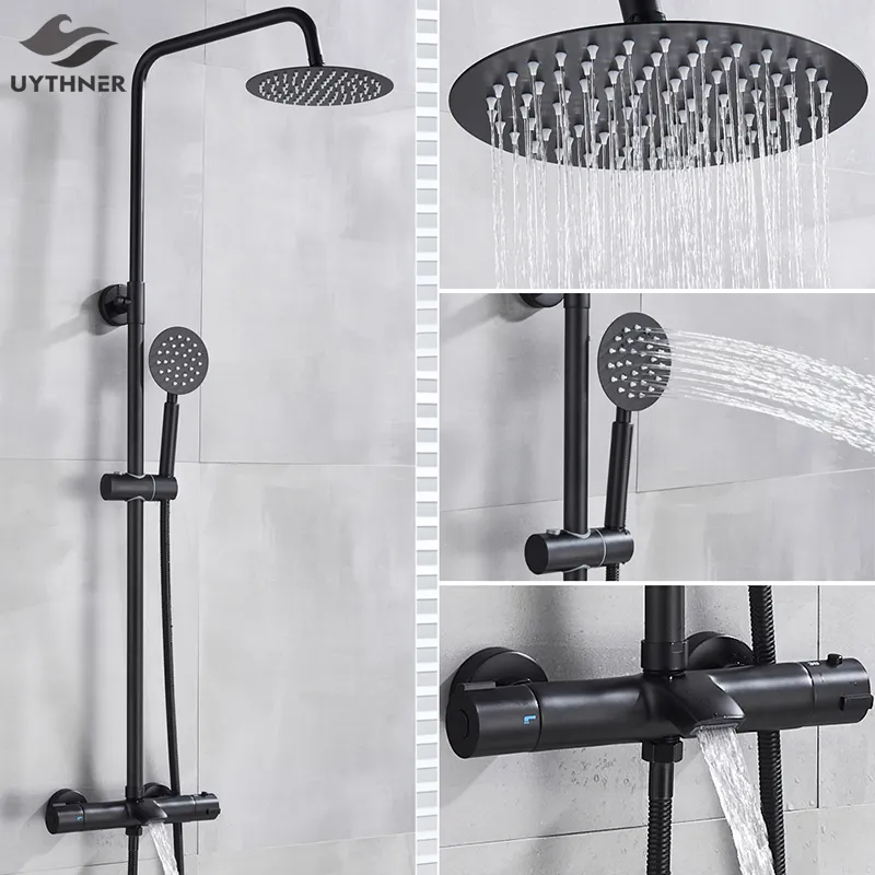 Badrumskran Chrome Rain Shower Head Thermostatic Bath Oucet Wall Mounted Bathtub Dusch Mixer Tap Shower Facet Shower Set