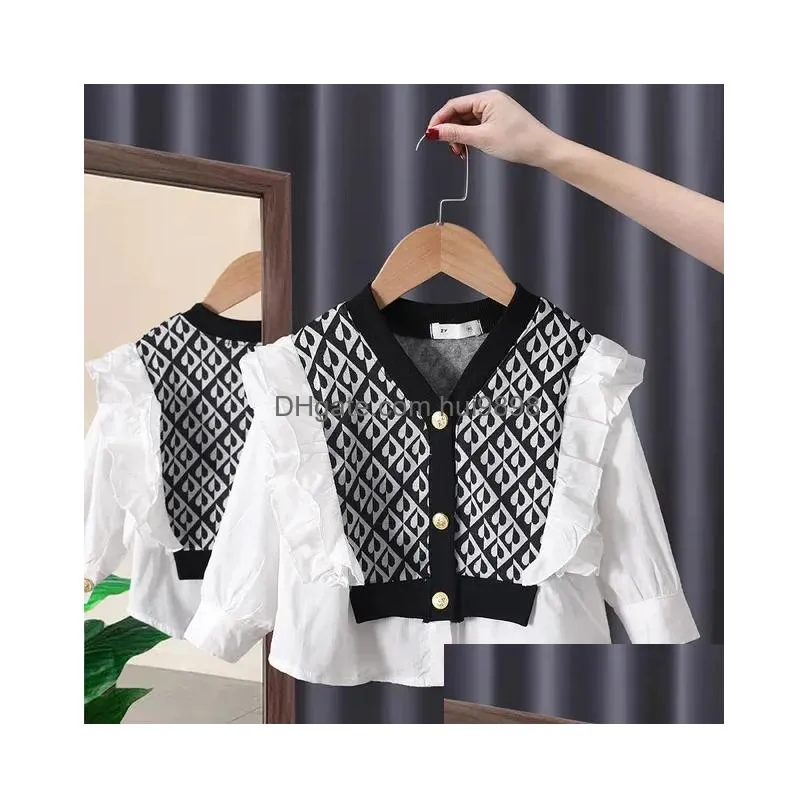 Kız Elbiseleri 2023 İlkbahar ve Sonbahar Çocuk Gömlekleri Kız Kız Bluz Kazak Dikiş Sahte Twopiece Set Bebek Sevimli Beyaz 240307 D Dhxeo