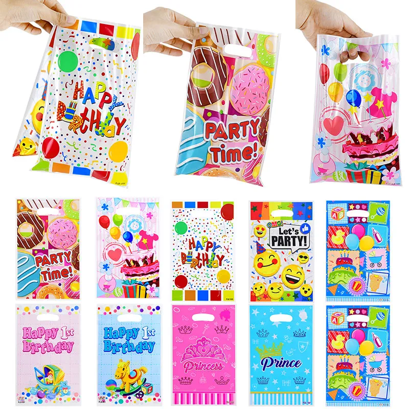 10pcs Printed Gift Bags Happy Birthday Plastic Candy Bag Child Boy Girl Kids Birthday Party Baby Shower Favors Supplies Decor