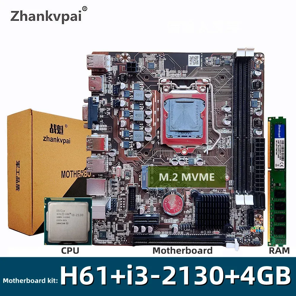 Motherboards H61 LGA1155 Desktop Motherboard Intel Core Dual Core i32130 3.4GHz CPU DDR3 4GB Memory kit Supports M.2 SATA VGA