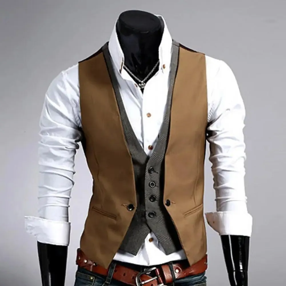 Män formell västmäst Vest Business Solid Color Single Button Vest Gilet Fake Two-Pieces V Neck Casual Slim Chaleecos Para Hombre 240408