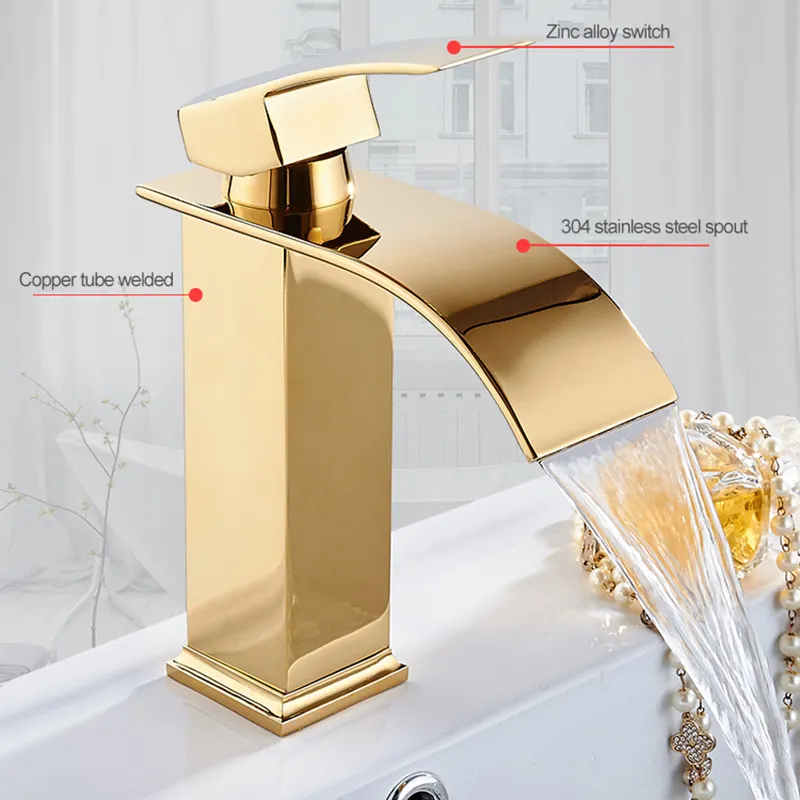 Onyzpily Gold Bathroom Basin Faucet Waterfall Sink Sink Faucet Water Waucet Single Handle Hot Cold Water Torneira Banheio