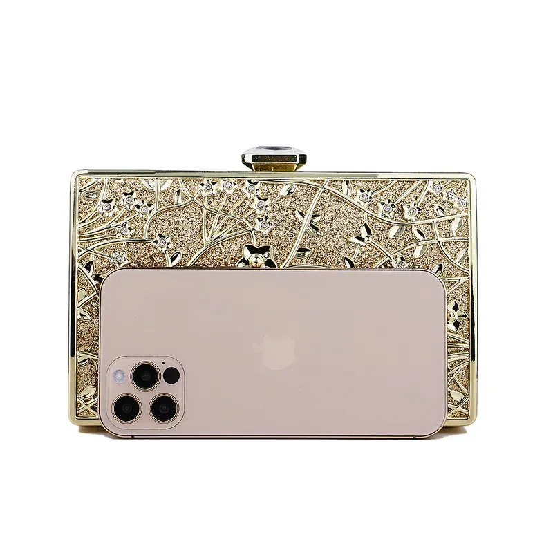 New Arrival Hollow Out Style Evening Bags Diamonds Metal Golden Luxury Day Clutch With Chain Shoulder Rhinestones Purse