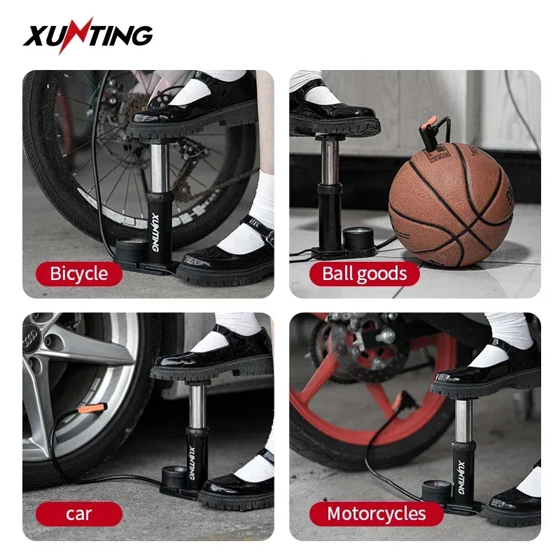 Xunting Mini Bike Foot Pump Max 140psiタイヤポンプゲージ付きPresta Schraderバルブロードマウンテン自転車ポンプ用針付き