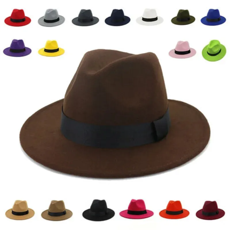 Andningsbar fast färg klassisk svart elastisk fedora hatt unisex ull filt jazz hattar eleganta män kvinnor breda brim panama trilby cap 240401