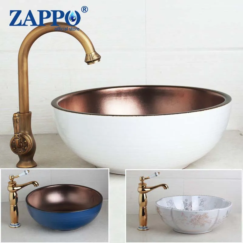 Zappo Baglietta per lavandino da lavandino del lavandino Basino bianco W/ Mixer Tap Blue Art Ceramic Ciotola Ciotola Lavelli Set di rubinetti