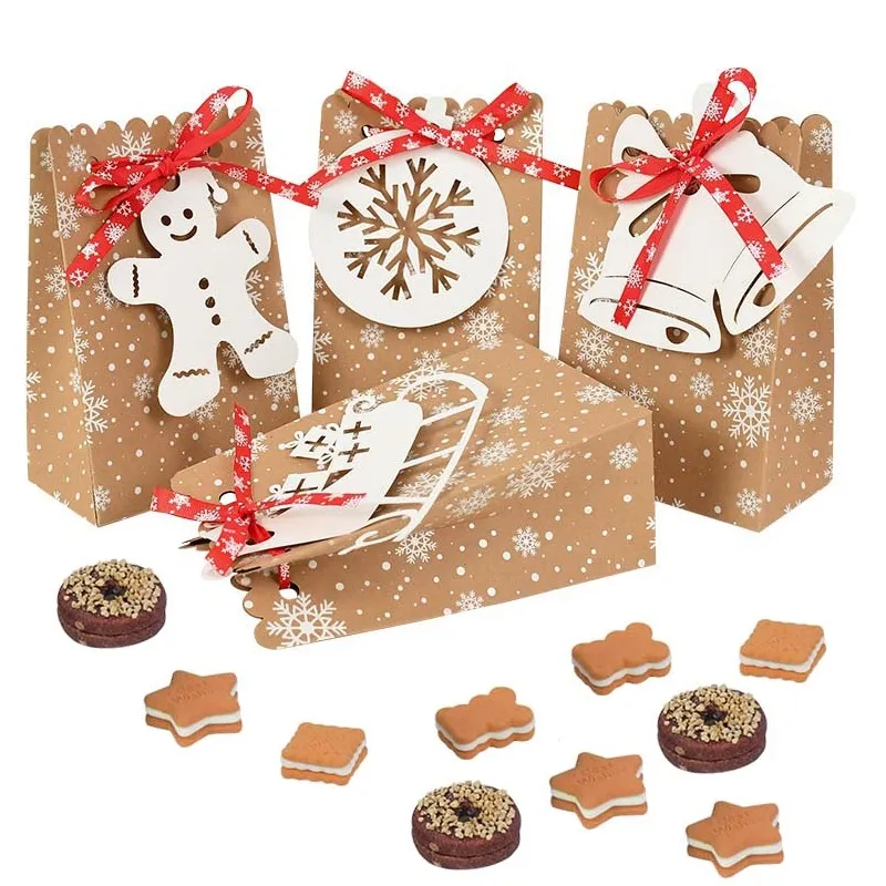 12Pcs Christmas Kraft Paper Box with Ribbon Tag Snowman Snowflake Bells Decor Candy Cookie Bag Handmade Gift Packaging Supplies