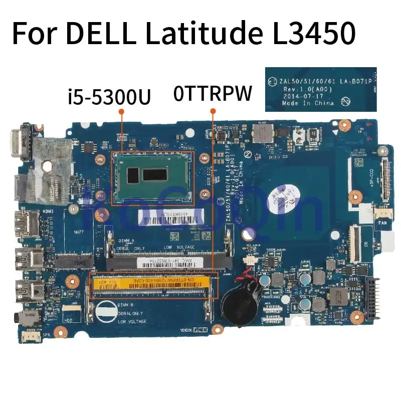Carte mère pour Dell Latitude 3450 3550 L3450 L3550 I55300U NOTAGE EN CORDANCE CN0TTTRPW 0TTRPW LAB071P SR23X DDR3 BROBAL DE L'ordinateur portable