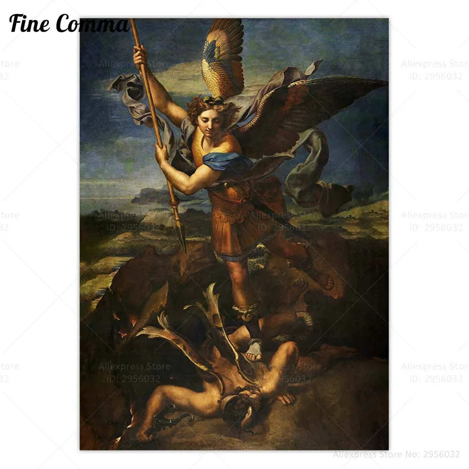 聖マイケル大天使がサタンラファエルヴィンテージポスター宗教壁アートキャンバスプリント戦争の絵画の装飾