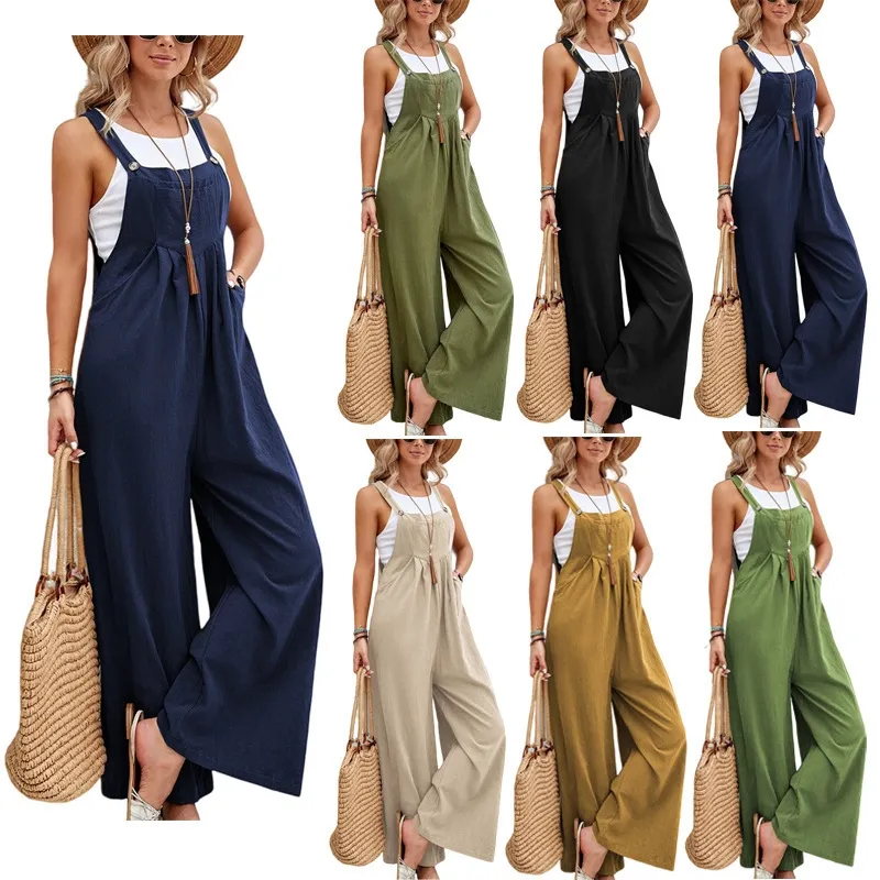 STYLISH LADY Solid Color Wide Leg Rompers and Jumpsuits 2024 Summer Women Sleeveless Backless Casual Pockets Street Overalls
