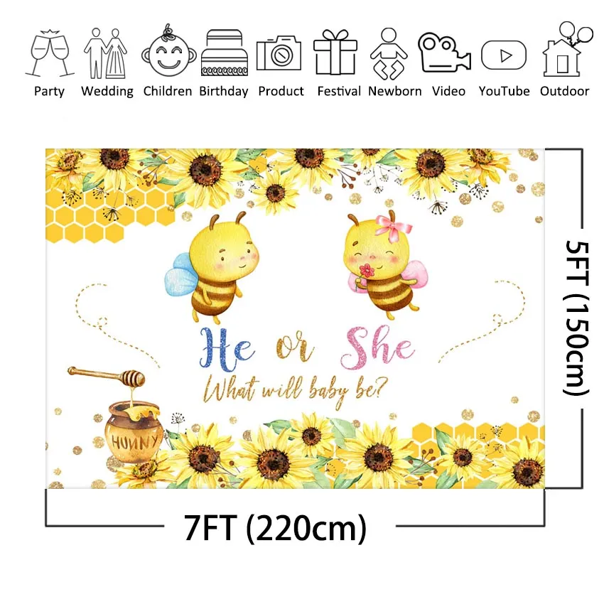 Mocsicka Bee Gender Reveal Party Backdrop Sunflower He Or She What Will ...
