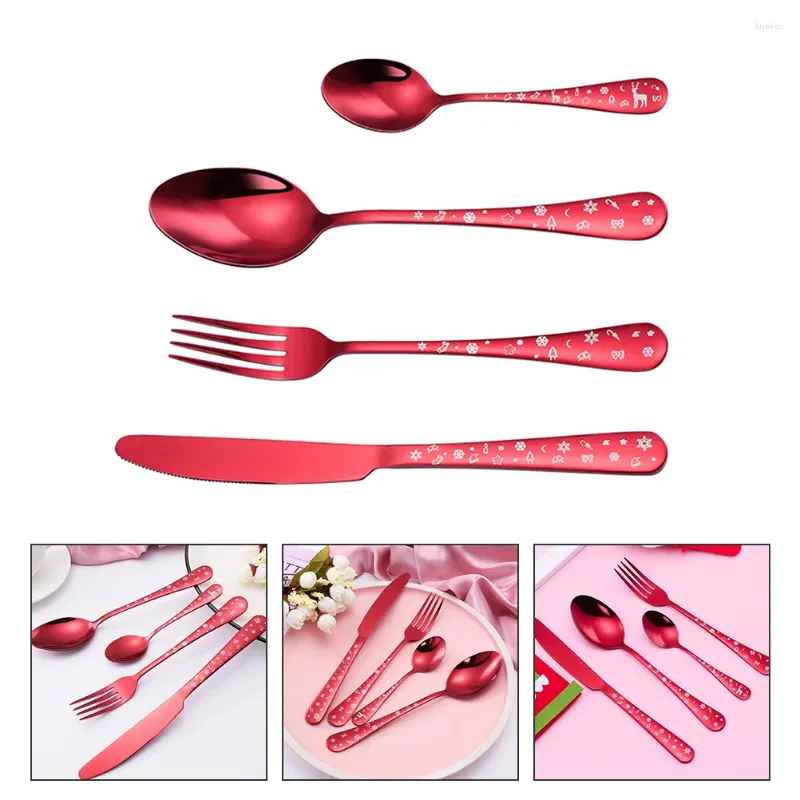 Dinnerware Sets Stainless Steel Christmas Knife Fork Four Pieces Portable Silverware Xmas Cutlery Tableware Kit