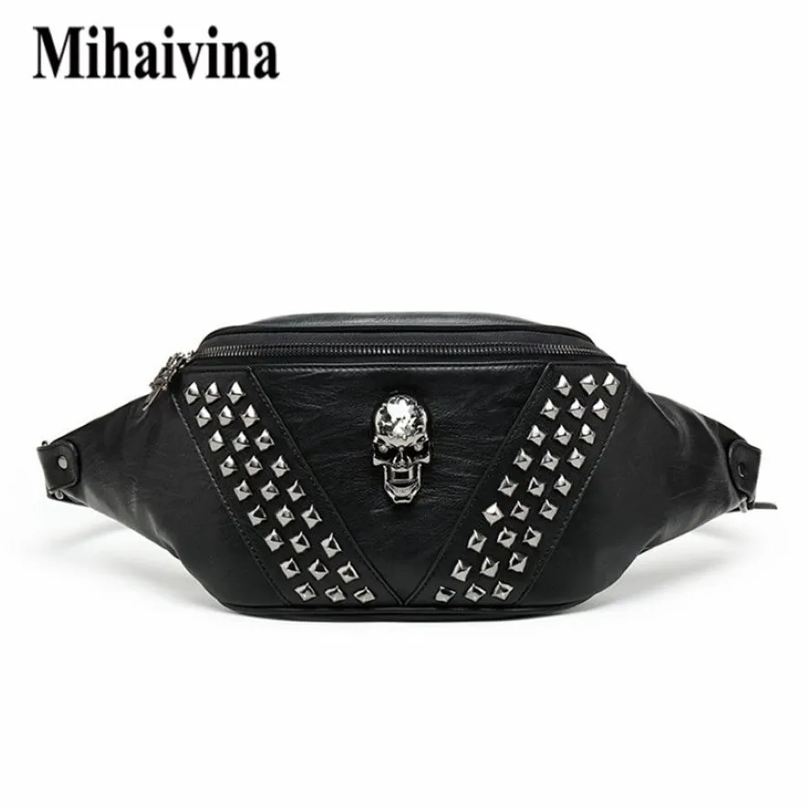 Mihaivina Punk Rivet Skull Men Waist Bag Women Black Fanny Pack Leather Chest S女性肩のメッセンジャーバムS 2202162836