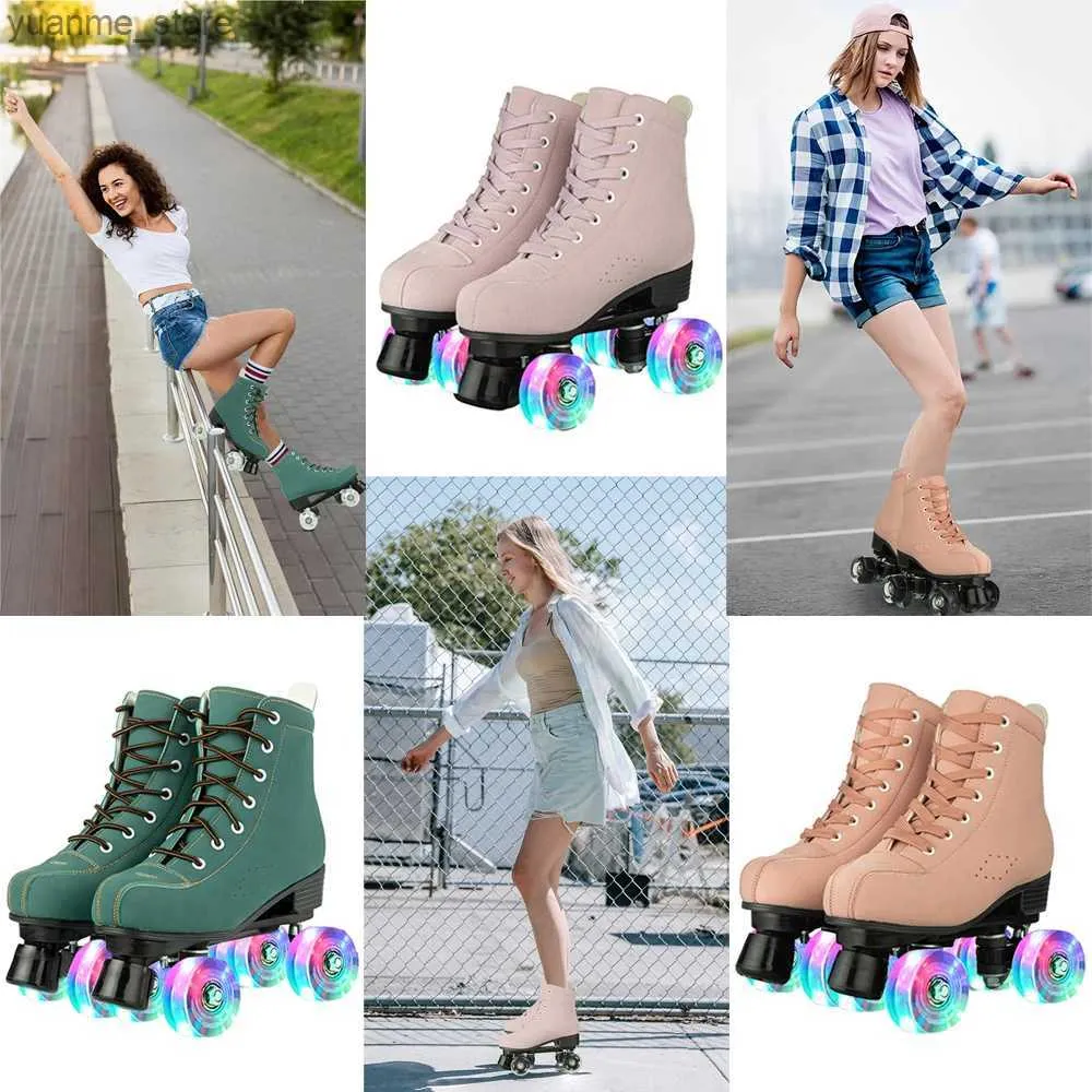 Inline Roller Skates Roller Skate 4 Wheels Flash Wheel Skates Shoes Microfiber Leather PU Rubber Hardwearing For Women Sliding Quad Training Shoes Y240419 MBWV