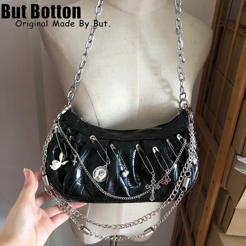 Harajuku Gothic Umhängetasche Frauen y2k Mädchen Vintage Cross Clip Pearl Kette Goth Bag Faltenknödel Handtasche Frau Clutch Tote