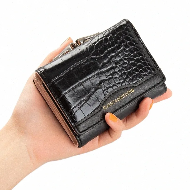 leather Women's Wallet Female Short Retro Three-fold Folding Student Versi Simple Multi-card Crocodile Pattern Coin Purse O92z#