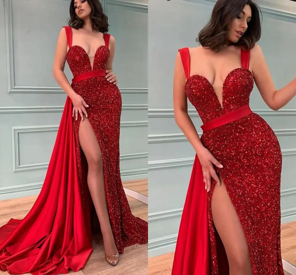 Abito da sera rosso lungo 2024 sexy slittata alta slitta Dubai Donne con paillettes nuova Prom Abiti formali Vestidos de Feast Robe de Soiree